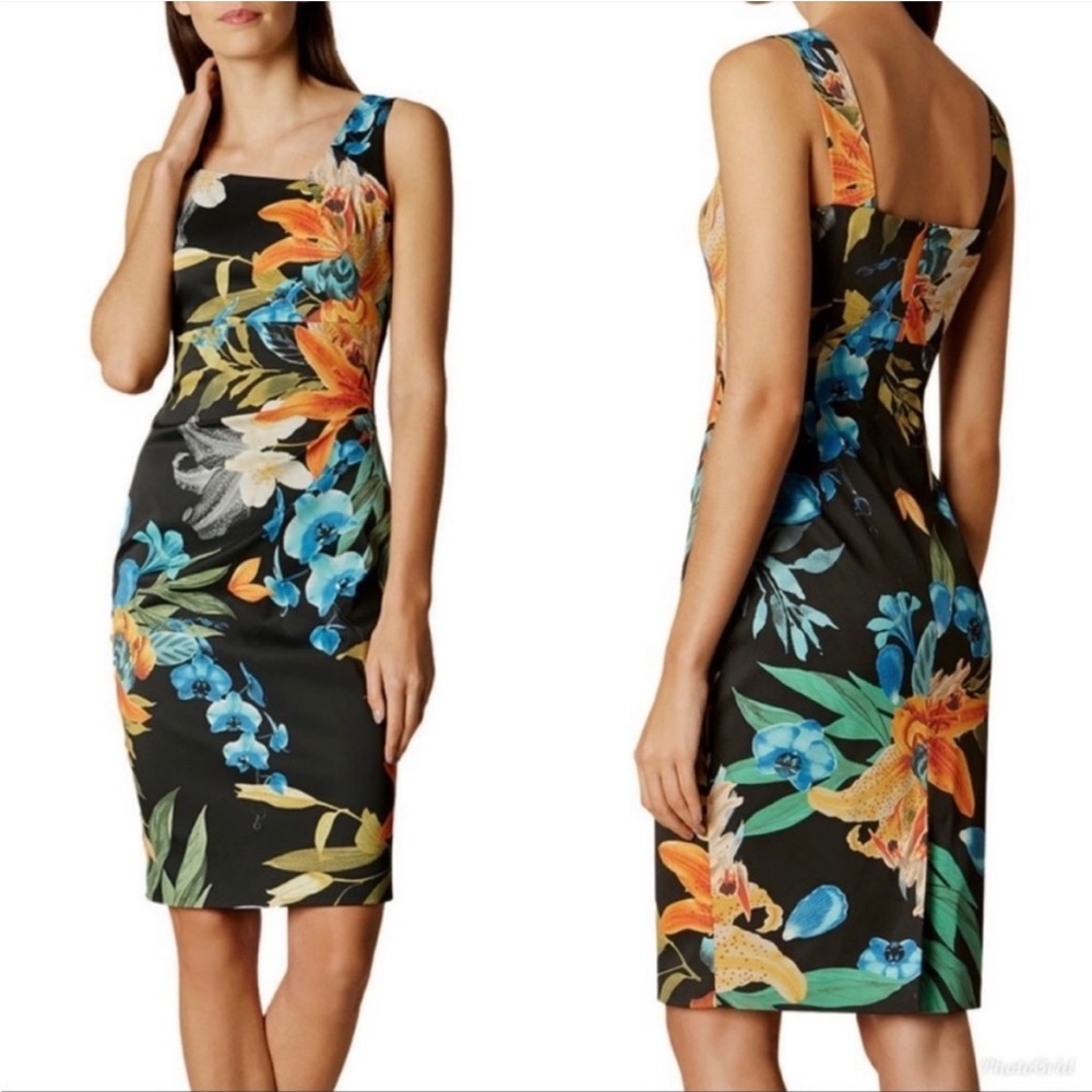 Karen Millen Floral Orchid Print Satin Pencil Bodycon Dress